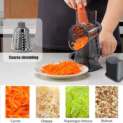 Rotary Cheese Grater Shredder with Handle Handheld Round Mandoline Vegetable Slicer Carrot Shredder Nut Grinder with 3 Replaceable Stainless Steel Drum Blades and Upgrade Strong Suction, Dark Grey