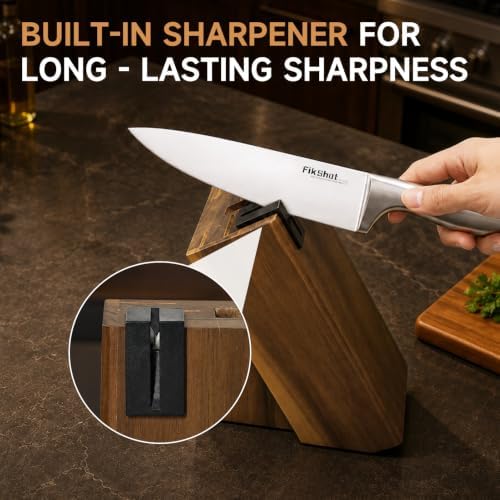 FikShot 14PCS Knife Set with Block & Sharpener, Premium Full Tang Forged