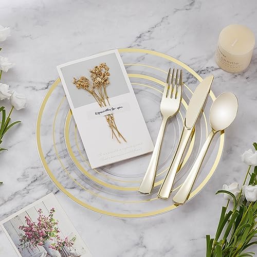BESTVIP 200PCS Clear Gold Plastic Plate, Disposable Party Plates