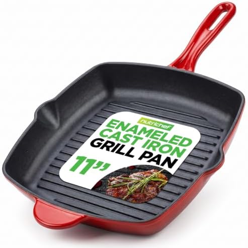 NutriChef 11" Enameled Cast Iron Steak Grill Pan - Square Skillet with Drip Spout, For All Cooktops, Perfect Grill Marks - NCCIES47