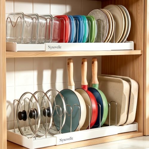 2 Pack Expandable Pots and Pans Organizer under Cabinet, Adjustable Pot Lid Organizer Rack with 9 Stainless Steel Dividers, Food Container Lid Holder for Kitchen Countertop Storage (White)