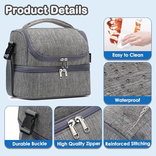 FlowFly Double Decker Cooler Insulated Lunch Bag Large Tote for Boys, Girls, Men, Women, With Adjustable Strap (Grey)