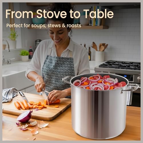 Stainless Steel Stockpot with Tempered Glass Lid 24 Quart, Durable 18/0 Stainless Steel, Impact-Bonded Base for Even Heating, Riveted Handles, Oven & All Stove Compatible, Safe Up To 500°F (260°C)