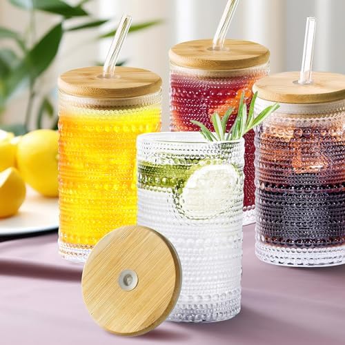 Hobnail Drinking Glasses with Bamboo Lids and Glass Straw 4Pcs Set - 14oz Vintage Glass Cups, Water Glasses, Iced Coffee Glasses, Cute Tumbler Cup, Ideal for Cocktail, Whiskey, Gift - Cleaning Brushes