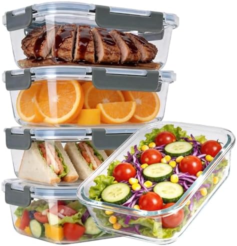 5-Pack 36oz Glass Food Storage Containers with Lids, Grey