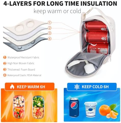 NOL Small Insulated Snack Bag Mini Freezable Cooler Pouch 3L fit 3 Cans | Wide-Mouth 6hours Cool & Warm Lightweight Leakproof Nylon Box for Work Travel Cream
