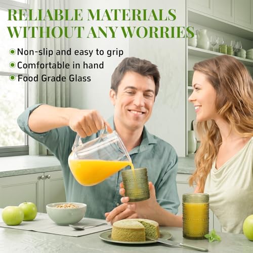 Hobnail Drinking Glasses Set of 12 Kitchen Glass Cups Glassware, Green