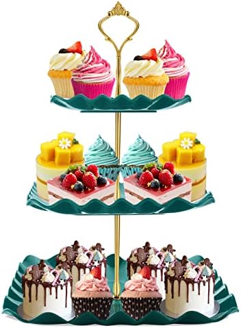 DAFURIET Plastic Dessert Cupcake Stand, 3 Tier Cupcake Tower Holder, Green