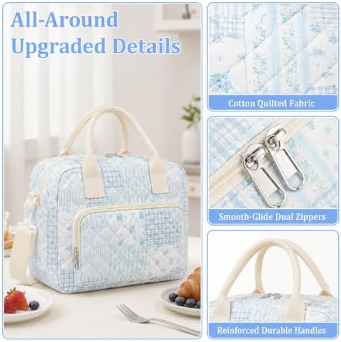 WOBAGMEN Quilted Lunch Box for Women,Large Floral Insulated Lunch Bag with Multiple Pockets,Adjustable Strap,Reusable Lunch Tote Box for Work Picnic Travel (Blue Floral Patchwork, M)