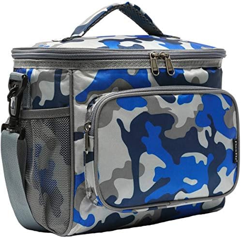 FlowFly Insulated Reusable Lunch Bag Adult Large Lunch Box for Women and Men with Adjustable Shoulder Strap,Front Zipper Pocket and Dual Large Mesh Side Pockets,BlueCamo