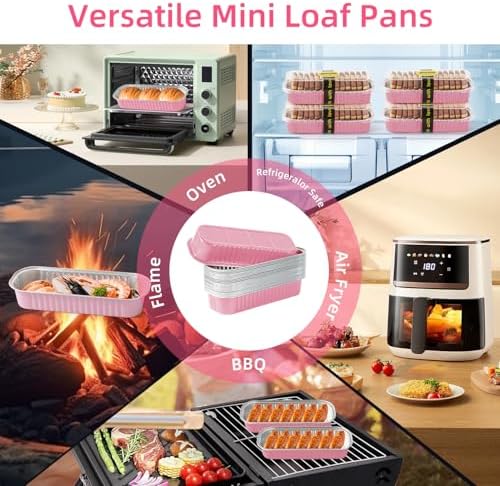 100 Pack 6.8 oz Rectangular Mini Loaf Pans with Lids and Spoons,Disposable Aluminum Foil Mini Cake Pans and Baking Tins with Sealing Stickers, Individual Pink Dessert Containers for Parties