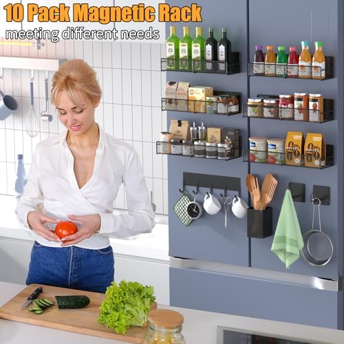 Magnetic Spice Rack for Refrigerator, 10 Pack 100% Metal Strong Magnet Shelf, Moveable Spice Organizer W/ Adjustable Paper Towel Holder, Hook Rack & Utensil Caddy, Home Kitchen Laundry Storage, Black