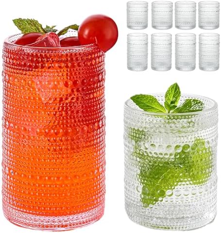 Vintage Hobnail Drinking Glasses Set of 8, Clear 16 oz Highball Glasses & 12 oz Cocktail Glasses Set, Kitchen Drinkware Glassware,Embossed Water Tumbler for Beer, Juice, Whiskey, Milk