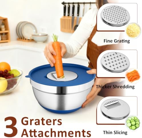 9 Pack Mixing Bowls with Airtight Lids & Grater Attachments, Blue