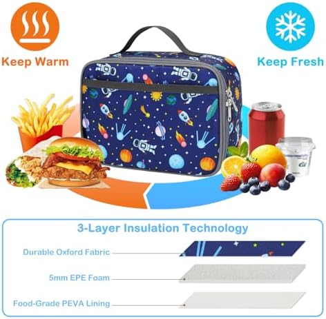 FlowFly Kids Lunch box Insulated Soft Bag Mini Cooler Back to School Thermal Meal Tote Kit for Girls, Boys, Astronaut