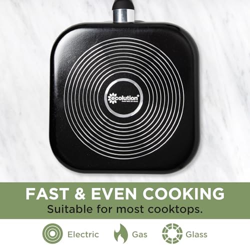Ecolution Artistry Nonstick Square Griddle, Easy To Clean, Comfortable Handle, Even Heating, Dishwasher Safe Pots and Pans, 11-Inch, Black