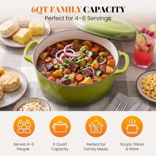 Sweetcrispy 6 Qt Enameled Cast Iron Dutch Oven Pot with Lid, Green