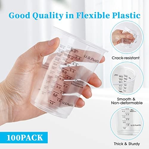 100 PACK 10 oz Plastic Measuring Cups, with 100 Wooden Mixing Sticks