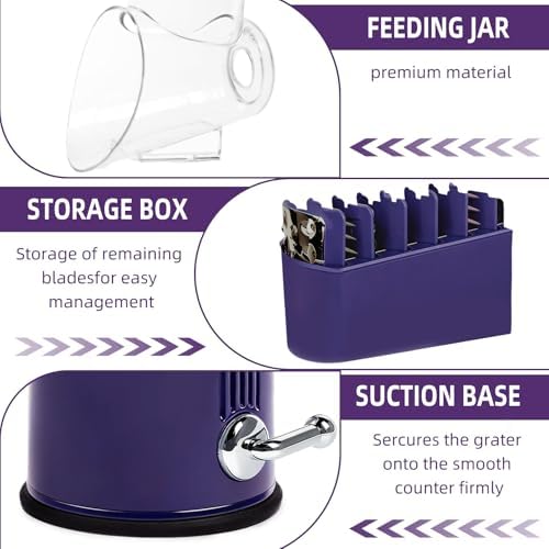 Rotary Cheese Grater with Handle, 5 Replaceable Blades(Purple)