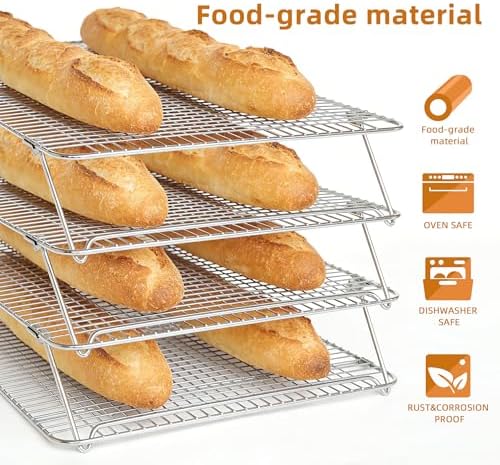4PCS Sourdough Bread Cooling Rack, Oven Rack for Baking and Cooking Collapsible 12"x 16.5" for Half Sheet, Wire Rack Stackable Stainless Steel Rack for Cookie, Cake, Bacon and Jerky