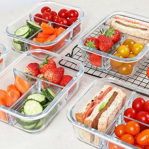 KOMUEE Glass Meal Prep Containers 3 Compartments, 5 Pack 36 oz, White
