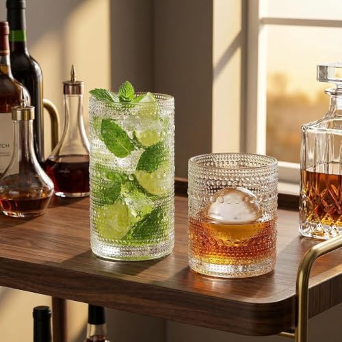 HomeVogue Hobnail Drinking Glasses Set of 12, 12oz & 15oz Vintage Glassware Set Cocktail Glass Set, Embossed Clear Water Tumbler,for Beer, Whiskey,Juice and Various Mixed Drinks (12 Pack-Clear)