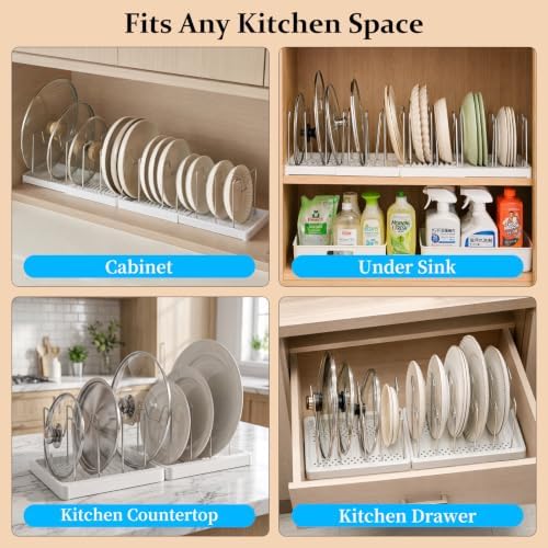 2 Pack Expandable Pots and Pans Organizer Under Cabinet, Foldable Kitchen Cabinet Organizer with 12 Adjustable Dividers, 31" Cookware Rack for Pots, Pans, Pot Lids, Cutting Boards & Bakeware