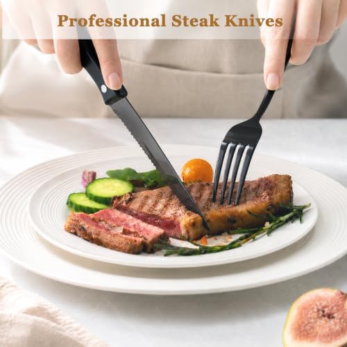 Astercook 24-Piece Black Silverware Set with Steak Knives Flatware Set for 4 Food-Grade Stainless Steel Cutlery Set Mirror Polished Utensils Set Include Spoons and Forks for Home Kitchen Restaurant
