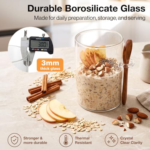 EDELHAUS Overnight Oats Containers with Lids - Glass Mason Jars, Meal Prep