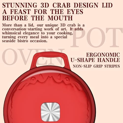 DUTZUN Enameled Cast Iron Dutch Oven - 5 Quart, Crab Lid (Patented), Oversized Knob, for Bread Baking Braiser, Cooking Stock Pot - Red