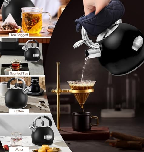 Stainless Steel Tea Kettle, Tea Kettles Stovetop, Vintage Whistling Teapot for Stove, Durable and Rust-Resistant, with a Pot Holder Included, Whistling Tea Kettle 2.64 Quart (Black)