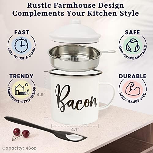 Bacon Grease Container with Strainer - With Food-Grade Silicone Spatula , 46oz Large Enamel Rustic Farmhouse Fat Container , Keeper , Recipes , Dishwasher Safe
