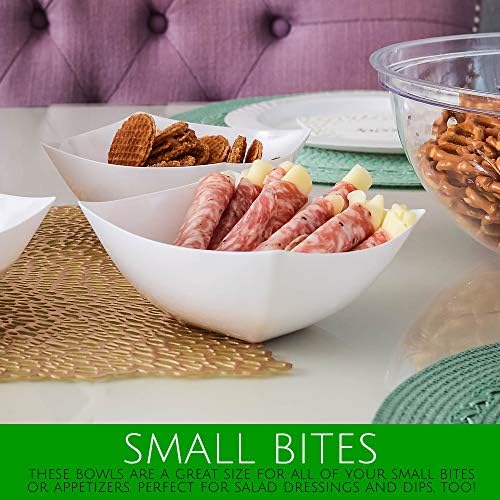 PLASTICPRO Disposable Square Serving Bowls, Party Snack or Salad Bowl, Plastic Clear or White Pack of 4 (16 OUNCE, White)