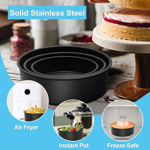 E-far Deep Cake Pan Set of 3 (6/8/9½ Inch), Nonstick Stainless Steel Round Cake Pans Tins for Baking Layer Wedding Cakes, Stainless Steel Core & Nontoxic Coating, Deep & Straight Side