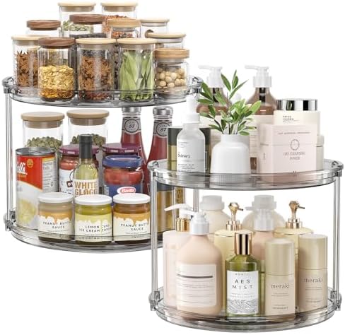 LAMU 2Pack 2 Tier Lazy Susan Organizer 12 inch Large Lazy Susan Turntable Rotating Spice Rack Organization for Cabinet, Kitchen, Pantry, Countertop, Bathroom, Vanity, Medicine Cabinet Organizer, Grey
