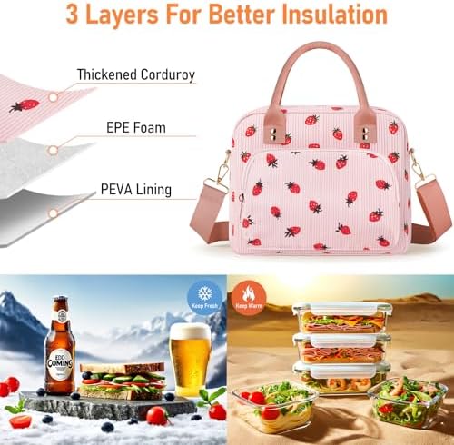 Lunch Bag Large Insulated Lunch Box for Women Adult Cute Pink Strawberry Lunchbox Corduroy Lunch Bags Boxes Pail with Shoulder Strap for Work Mom Picnic Office Travel 11.4×6.8×9.1 inches 11.5L