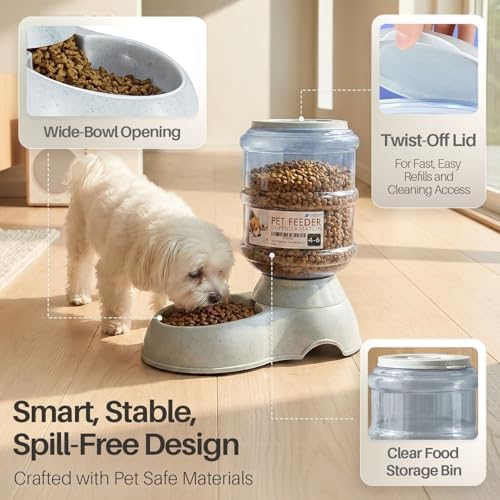 Flexzion Automatic Pet Feeder & Waterer Set of 2 Pack, Self Feeding Replenish Dog Cat Bowls, Gravity Food & Water Storage Container Fountain Jug Pet Supplies Plastic Skid Proof Rubber Feet (1 Gallon)