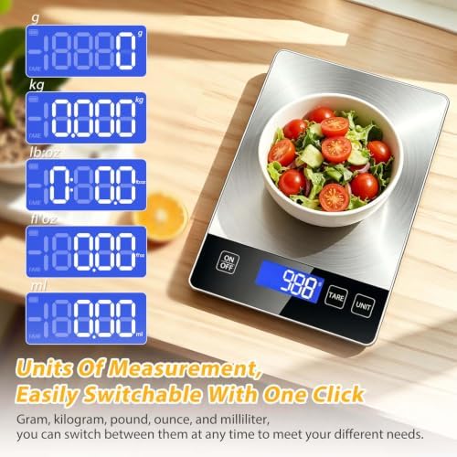 Food Scales for Kitchen, 33lb Kitchen Scales Digital Weight Grams and Ounces, Stainless Steel Food Weight Scale Rechargeable for Baking Cooking, Batteries and Type-C Charging with LCD Display
