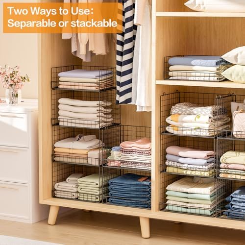 4 Tier Stackable Closet Organizers and Storage Shelves, Foldable Closet Shelf Organizer System, Stackable Storage Bins Drawers for Clothes Organizer System, Black（Patent No. 30022416）