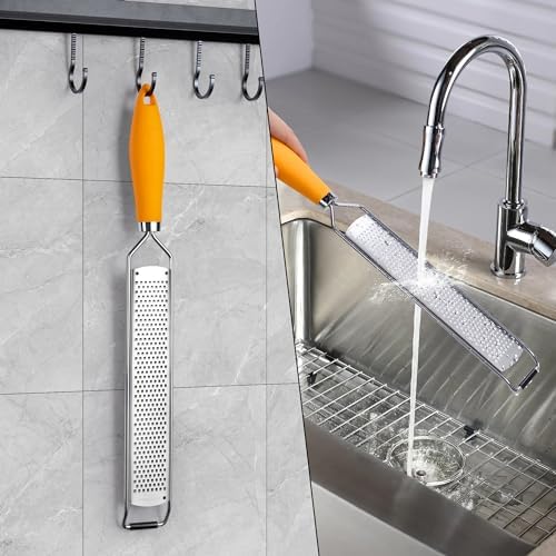 Rainspire Zester Grater with Handle, Lemon Zester Cheese Grater for Kitchen Stainless Steel, Parmesan Cheese Garlic Nutmeg Chocolate Fruits Vegetables Ginger Grater, Fine (Orange)