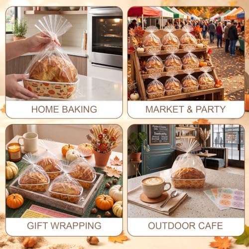 24 Sets Fall Paper Loaf Pan 6.3 x 2.2 x 2.2 Inch Disposable Mini Cake Pan with Clear Plastic Bags and Ties Rectangular Baking Mold for Thanksgiving Autumn Bread Brownies