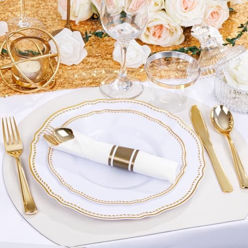 Hioasis 350 Pcs White and Gold Plastic Plates for Wedding & Party