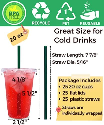 Aatriet 20 oz Clear Plastic Cups with Lids and Straws, Disposable Coffee Cups 25 Sets