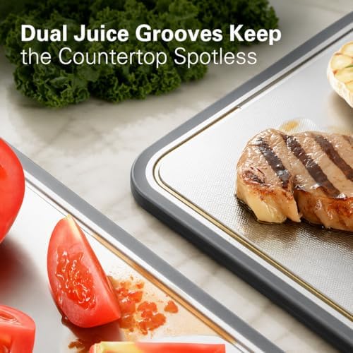 304 Stainless Steel Cutting Board 16''×11'' – Double-Sided Kitchen Chopping Board for Meat, Fruits & Vegetables, Rust-Resistant Steel Cutting Board with Dual Juice Grooves, Easy to Clean
