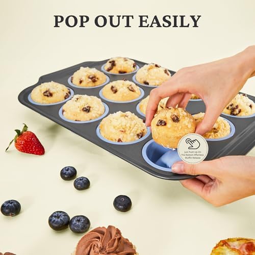 BRONYPRO Silicone Muffin Pans for Baking with Metal Frame, Egg Bite Molds, Cupcake Pans 12 Regular Size, Muffin Tins Easy to Pop Nonstick Non Toxic Bakeware for Oven,Blue