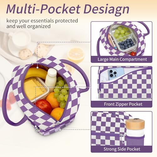 Coobiiya Lunch Bag Lunch Box for Women Men, Cute Corduroy Lunch Tote Bags Insulated Reusable LunchBox Large Capacity Cooler Bag for Work Travel Picnic Purple
