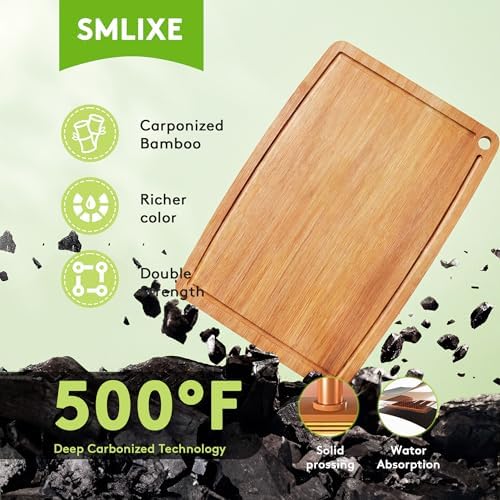 Bamboo Cutting Boards for Kitchen [Set of 2],Carbonized Wood Cutting Board Set with Deep Juice Groove for Chopping Meat, Vegetables, Fruits, Nuts,Lightweight & Durable,Ideal Kitchen Gift