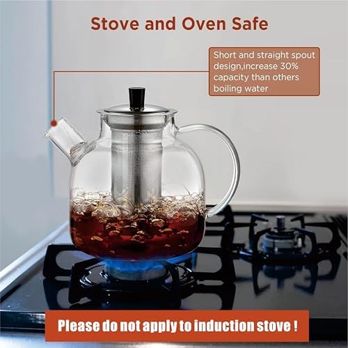 1500ml(50oz) Glass Teapot with Removable Infuser, Ehugos Stovetop Safe Large Tea Pot, Blooming and Loose Leaf Hand Crafted Kettle for Women and Adult with Stainless Infuser