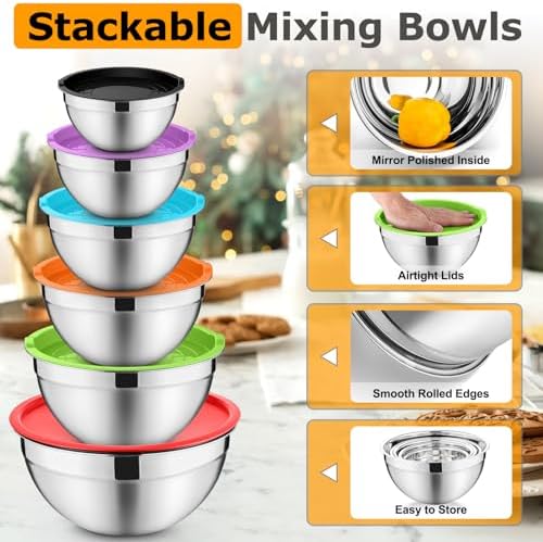 P&P CHEF Mixing Bowls with Lids Set of 6, Nesting Salad Bowl, Multicolor
