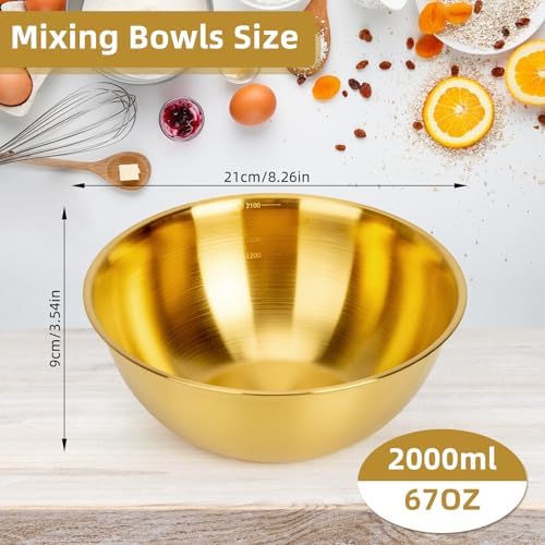 3-Piece Stainless Steel Golden Mixing Bowls (2.2Qt) Metal Bowl Set with Measurement Marks, Dishwasher Safe & Stackable - Perfect for Baking, Salad Making, Meal Prep